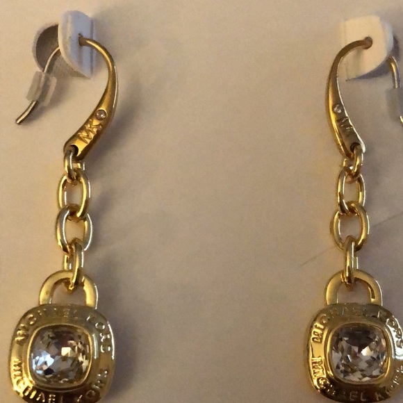 Michael Kors Gold Tone Chain & Square Drop Earrings Crystal & Logo Accent NWT - Picture 4 of 11